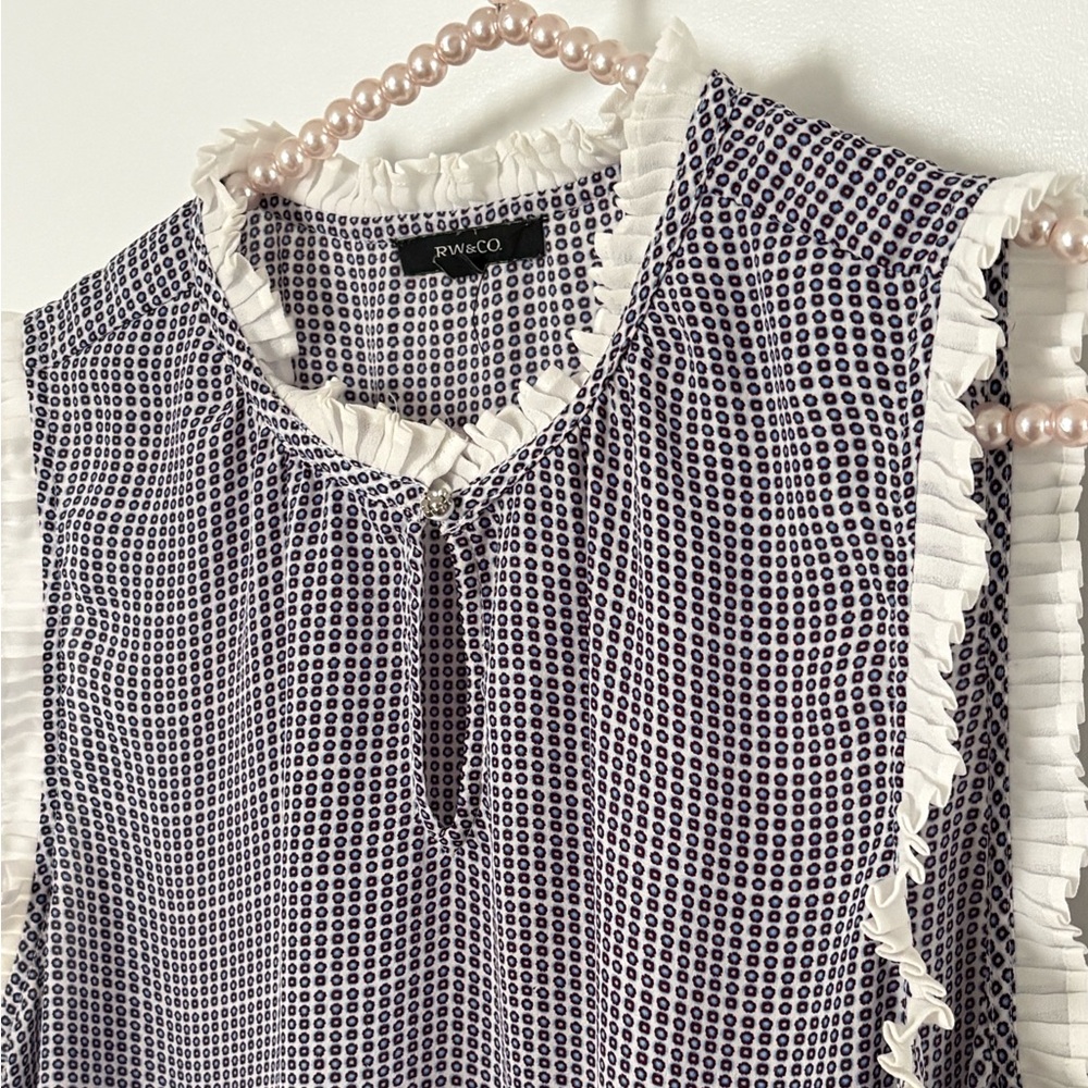 Sleeveless Blue Check Ruffle-Trim Top - Picture 7 of 8